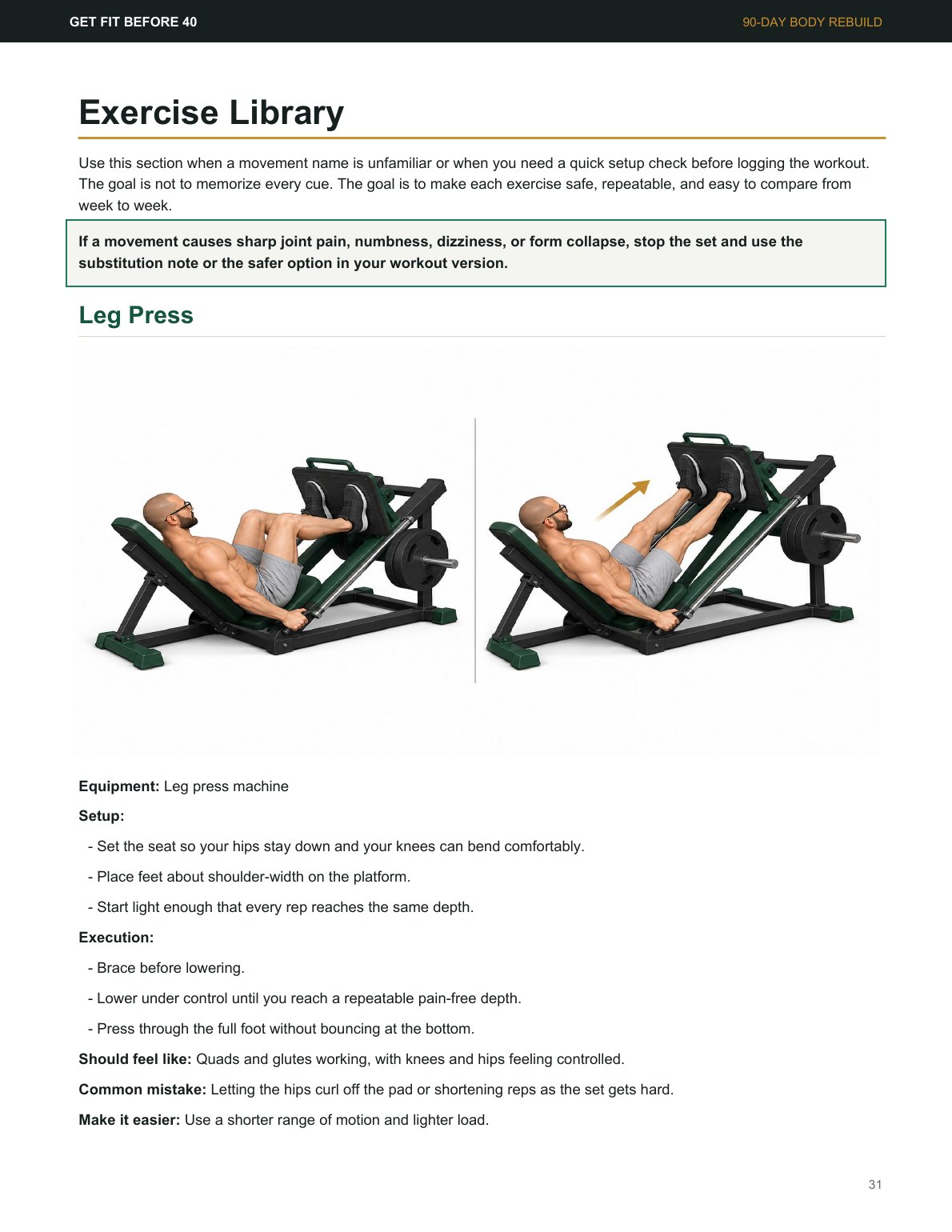 Exercise library page from the Get Fit Before 40 manual