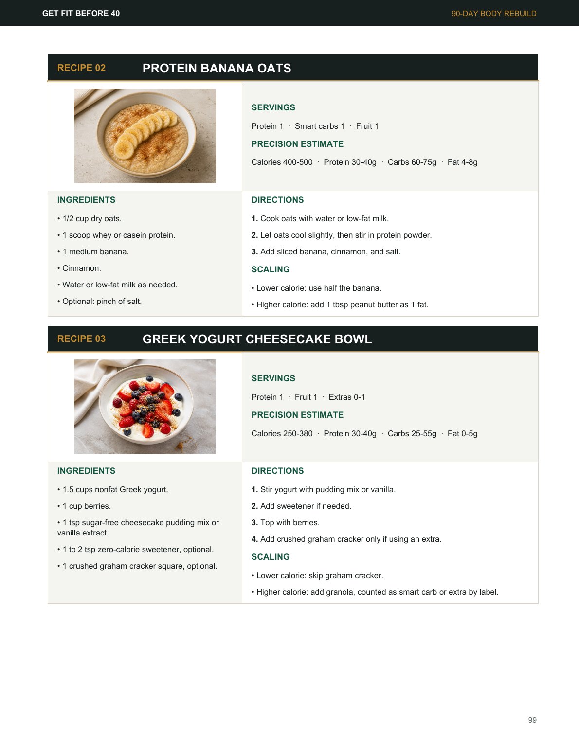 Recipe card page from the Get Fit Before 40 manual